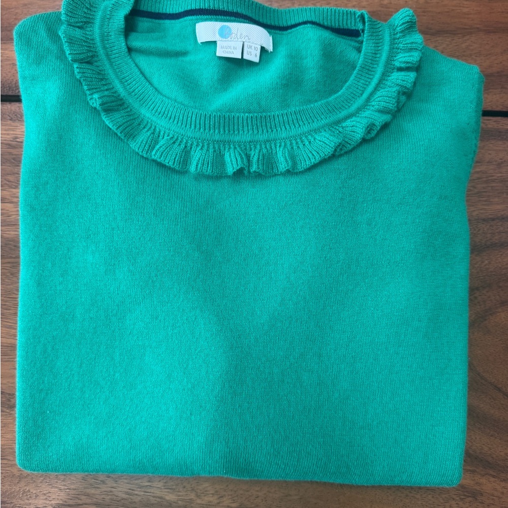 Boden Womens Knit Sweater Green Ruffle Crew Neck Size 6 UK10 - Picture 2 of 4